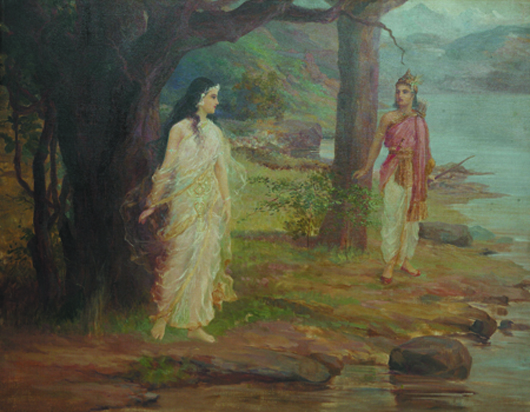 A.H. Muller (1878-1952), ‘Dushyant & Shakuntala,’ oil on canvas, 36 1/2 inches x 49 3/4 inches. Estimate: $ 19,600-$26,100. Image courtesy of Bid & Hammer.